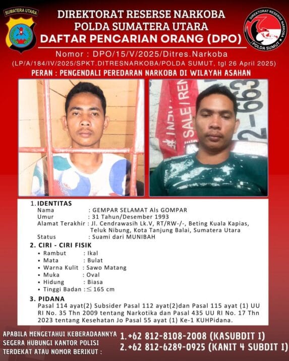 Polda Sumut Tetapkan Gompar Tersangka Narkotika Jadi Buron dan Masuk DPO