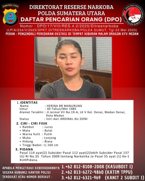Polda Sumut Terbitkan DPO Terhadap Pemilik Dragon KTV Medan Terkait Peredaran Ekstasi