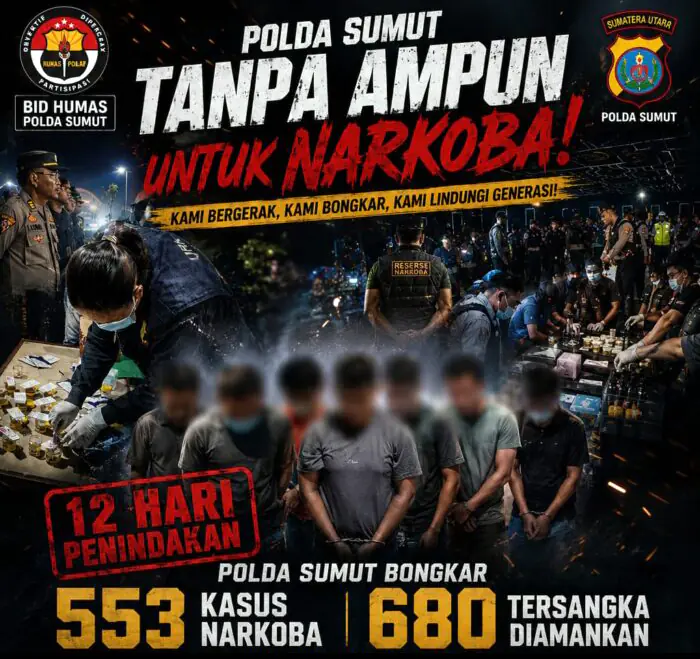 12 Hari Penindakan, Polda Sumut Bongkar 553 Kasus Narkoba dan Amankan 680 Tersangka